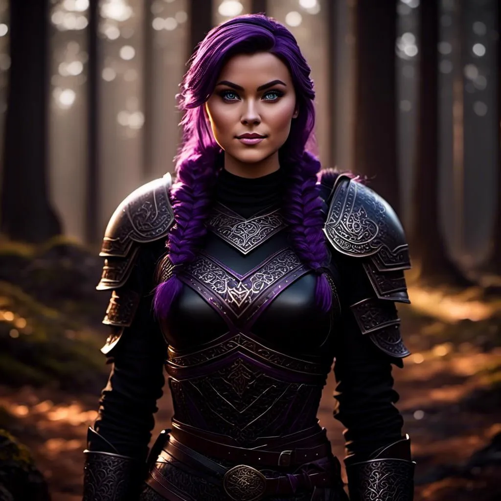 Prompt: <mymodel>25-year-old viking woman, subtle smile, light blue eyes, black gear, bright black armor, black textures and highlights, standing in the shadows of the forest, short focus, blurry background, moonlit scene, unreal engine 8k octane, 3d lighting, full body, full armor