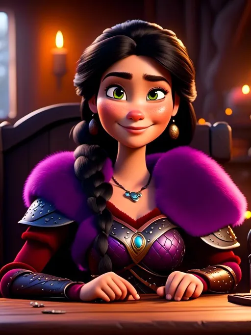 Prompt: <mymodel>CGI Animation, digital art, 20-year-old-old viking woman of royalty sitting at a desk in her home in the living room next to the fireplace, light blue eyes, {{black gear, purple armor}}, black hair, single braid down her shoulder with a tiara, subtle smile, unreal engine 8k octane, 3d lighting, close up camera shot on the face, full armor