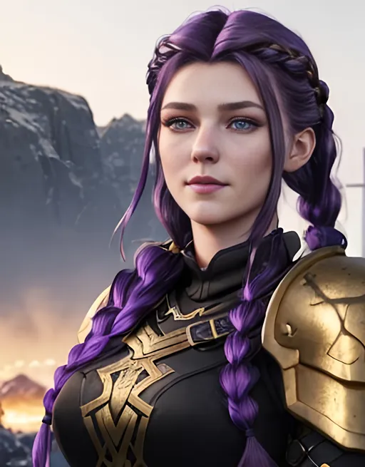 Prompt: Digital art, 20-year-old woman viking, subtle smile, dark purple hair, one braid, light blue eyes, black gear, gold armor, unreal engine 8k octane, 3d lighting, full body, full armor