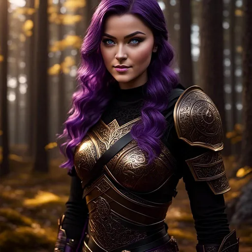 Prompt: <mymodel>25-year-old viking woman, subtle smile, light blue eyes, black gear, bright black armor, wearing an iron-man like suit of armor, black textures and highlights, fighting in the forest in an intense sword battle with Einar Verodfellar, short focus, blurry background, unreal engine 8k octane, 3d lighting, full body, full armor