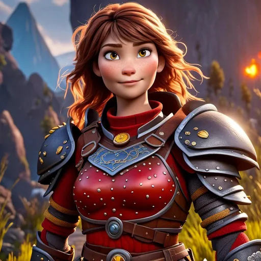 Prompt: <mymodel>CGI Animation of a viking female, brown hair, hazel eyes, bright red gear and armor, yellow highlights and textures, intricate details, high quality, digital painting, cool tones, dramatic lighting