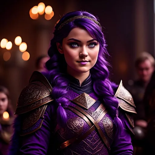 Prompt: A photo of <mymodel> with a heavy purple fur tunic in The Great Hall from How to Train Your Dragon, ((she has a single hair braid down her shoulder))