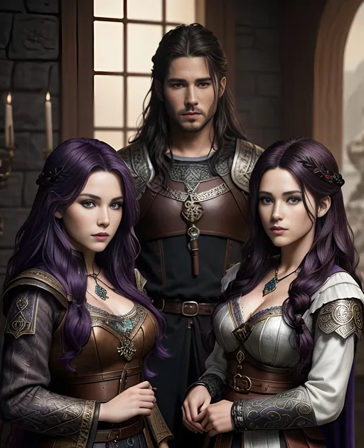 Prompt: create 3 vikings two females and one male, the females are the most beautiful fictional viking princesses one with dark purple hair and the other with ((black hair)), the male is a distinguished viking prince with ((short brown hair)), an extremely detailed environment, detailed background, intricate, detailed skin, professionally color graded, photorealism, 8k, moody lighting