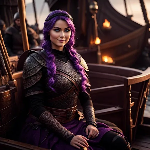 Prompt: <mymodel>25-year-old viking woman, subtle smile, light blue eyes, black gear, bright black armor, black textures and highlights, sitting in the hull of a viking ship, blurry background, unreal engine 8k octane, 3d lighting, full body, full armor