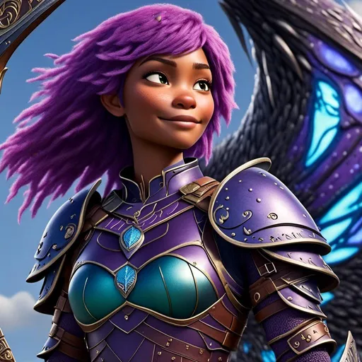 Prompt: a photo of <mymodel>, a caucasian viking female with purple hair and purple gear and armor with bursts of blue textures