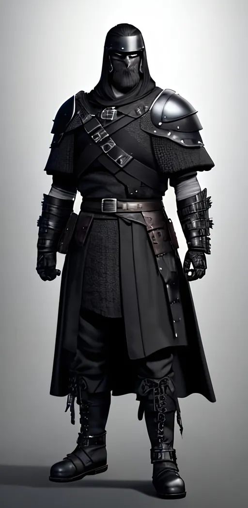 Prompt: Digital Art, a sinister viking man, black armor, black helmet, black visvor for helmet, black gear, with a black ponytail coming from the helmet, a long black cloak, black bracers, black pants, black boots, unreal engine 8k octane, 3d lightning