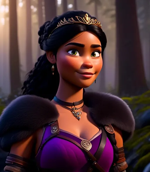 Prompt: <mymodel>CGI Animation, digital art, 20-year-old-old viking woman of royalty standing in a dimly lit forest with fog, light blue eyes, {{black gear, purple armor}}, black hair, single braid down her shoulder with a tiara, subtle smile, unreal engine 8k octane, 3d lighting, close up camera shot on the face, full armor