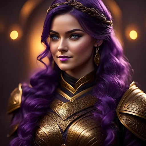 Prompt: create <mymodel> with vibrant colors, subtle smile, 23-year-old woman viking, dark purple hair, one braid, black pants, light blue eyes, cut over left eye to on cheekbone, black gear, gold armor, unreal engine 8k octane, 3d lighting, full body, full armor