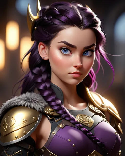 Prompt: Digital art, 20-year-old woman viking, dark purple hair, one braid, light blue eyes, black gear, gold armor, unreal engine 8k octane, 3d lighting, full body, full armor