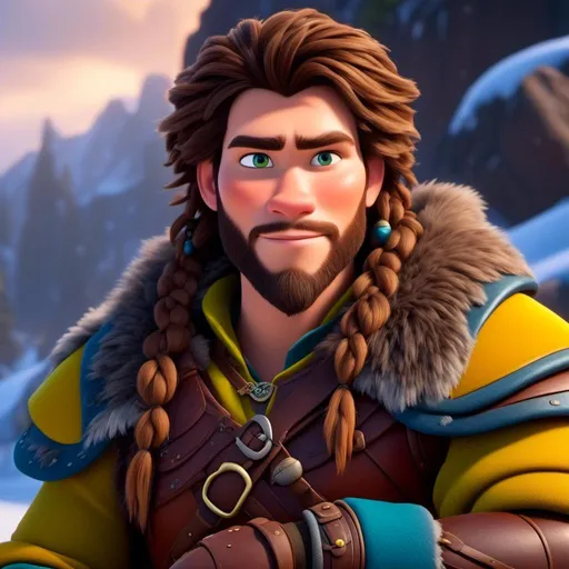 Prompt: <mymodel>CGI Animation, 20-year-old-old pirate man, sitting on a snow bank, a snowy scene, {{yellow gear, blue armor}}, brunette hair, dreadlocks, subtle smile, beads hair, small red earrings, multiple braids, yellow gear, straight hair, green eyes, bracelets, rings on fingers, mercenary gear, unreal engine 8k octane, 3d lighting, close up camera shot on the face, full armor