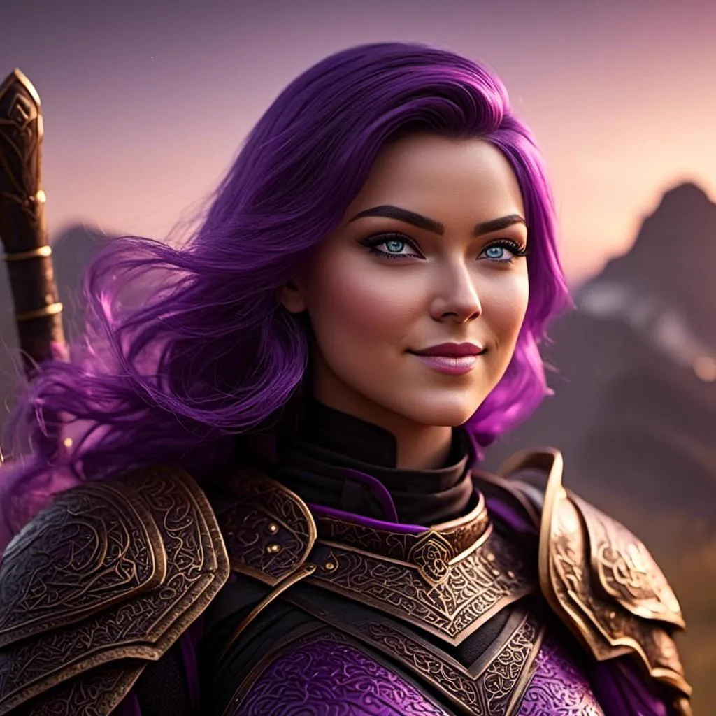 Prompt: <mymodel>CGi Animation, 25-year-old viking woman, subtle smile, light blue eyes, black gear, bright purple armor, black textures and highlights, unreal engine 8k octane, 3d lighting, full body, full armor