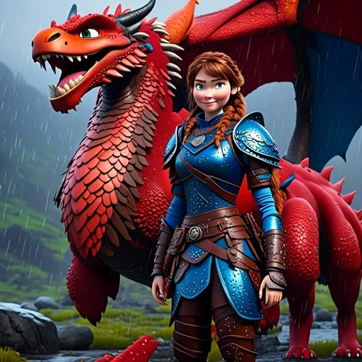 Prompt: <mymodel>CGi Animation, 20-year-old viking woman with blue eyes, a rainy scene, she is standing next to a bright red dragon with blue highlights, they are both in the rain, the viking woman has a subtle smile, brown hair with two pigtail braids, she has red gear, blue armor, black pants, black boots