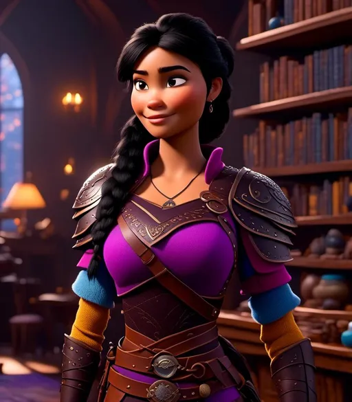 Prompt: <mymodel>CGI Animation, digital art, 20-year-old-old viking woman with light blue eyes, she is standing in her library, she is of royalty, {{black gear, purple armor}}, black hair with purple strands, single braid down her shoulder with a tiara, subtle smile, unreal engine 8k octane, 3d lighting, close up camera shot on the face, full armor