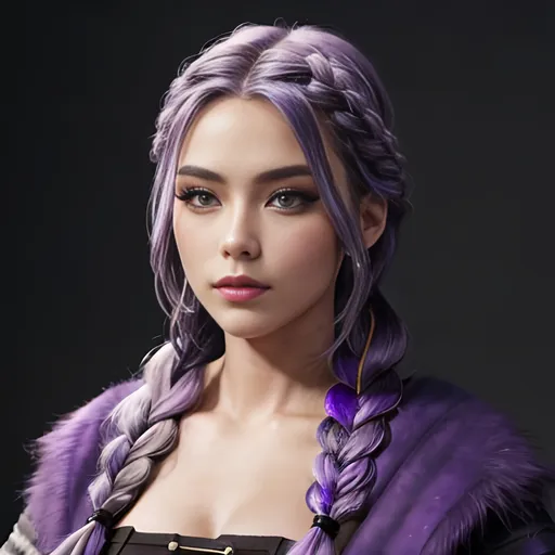 Prompt: a photo of <mymodel>, a viking female, purple hair in a single braid, age of 25-years-old