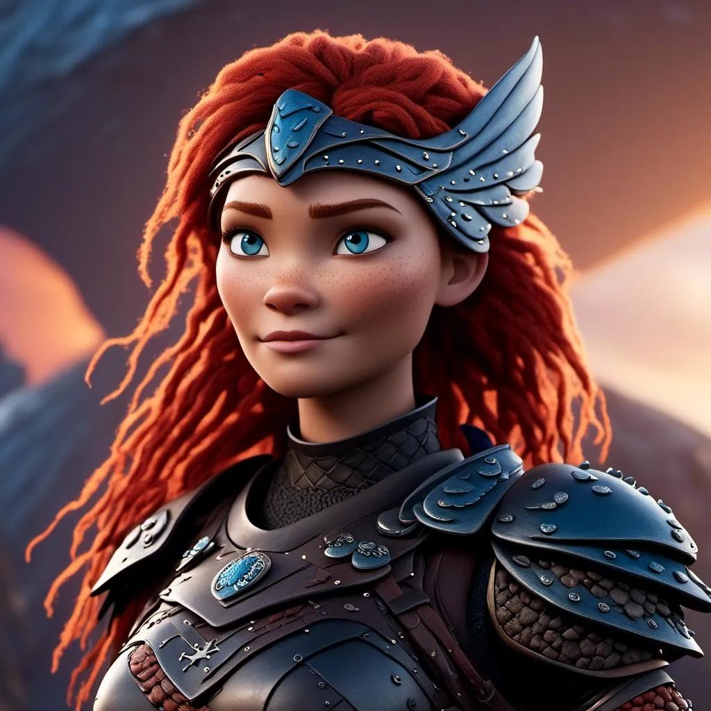 Prompt: <mymodel>CGI Animation of a viking woman of 40 years old, red hair with dreadlocks, blue eyes, all black gear and armor, leather highlights and textures, dragon scale textures and armor, intricate details, high quality, digital painting, cool tones, dramatic lighting