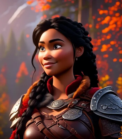 Prompt: <mymodel>CGI Animation, digital art, 20-year-old-old viking woman with light blue eyes, light clothes, black hair with black strands, single braid down her shoulder with a tiara, subtle smile, unreal engine 8k octane, 3d lighting, close up camera shot on the face, full armor