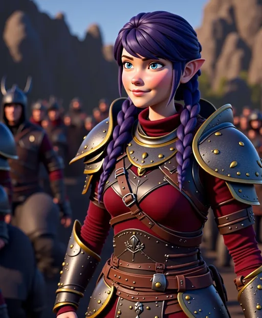 Prompt: <mymodel>CGI Animation, digital art, 20-year-old-old viking woman with violet eyes, Dark red Long sleeve shirt, skirt with dragon teeth on it, wears the snow wraith hood, ((dark dark blue hair with teal, pink and purple streaks)), fighting against another viking warrior in a sword battle with Annabeth who has purple hair with black and gold armor in the training ring, subtle smile, unreal engine 8k octane, 3d lighting, close up camera shot on the face, full armor