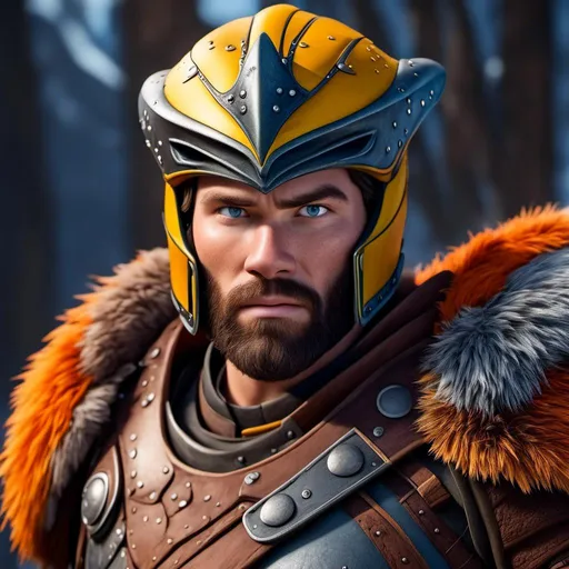 Prompt: <mymodel>Animated CGI style of a fierce Caucasian Viking with dark hair, intense gaze, realistic yellow armor with bursts of orange textures, high quality, CGI, realistic, intense gaze, viking, male, Caucasian, detailed facial features, fur textures, highres, professional, intense lighting