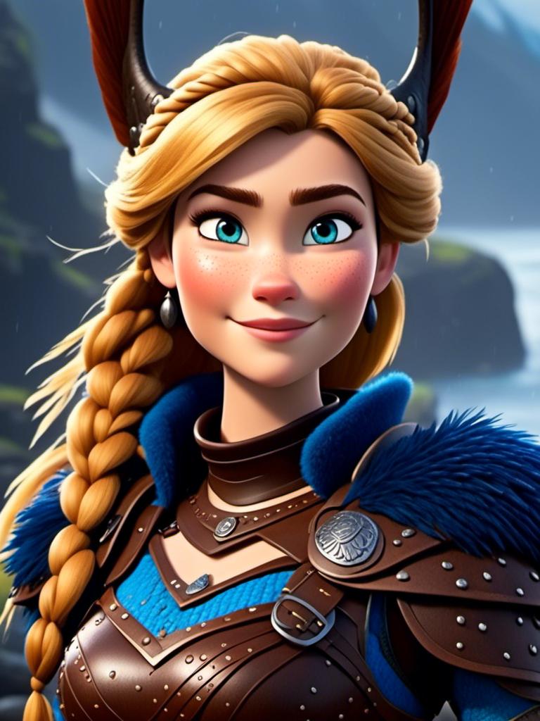 Prompt: <mymodel>CGi Animation, 20-year-old viking woman with blue eyes, ((she is wearing a royal helmet)), a rainy scene, the viking woman has a subtle smile with it pouring down rain, blonde hair in a ponytail style, she has blue gear, gold armor, black pants, black boots