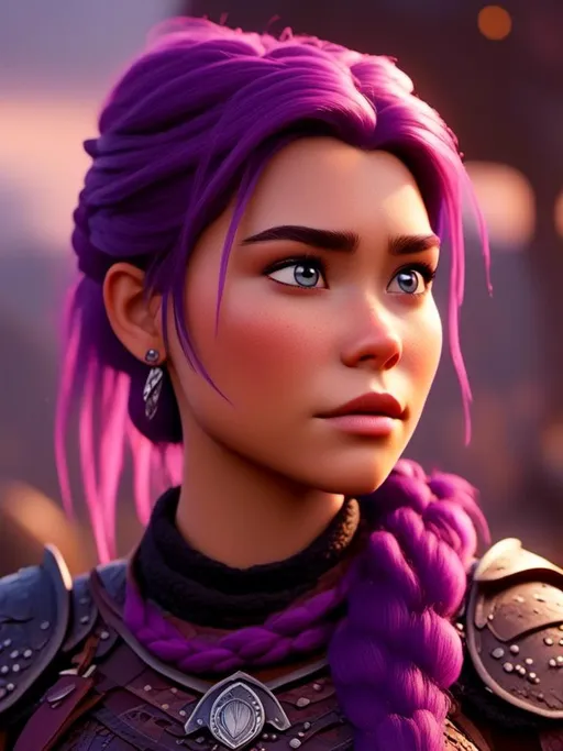 Prompt: <mymodel>CGI Animation, digital art, 20-year-old-old viking woman with light blue eyes, she looks sad and upset, standing in a battle arena at the ready, purple hair with purple strands, single braid down her shoulder with a tiara, unreal engine 8k octane, 3d lighting, close up camera shot on the face, full armor