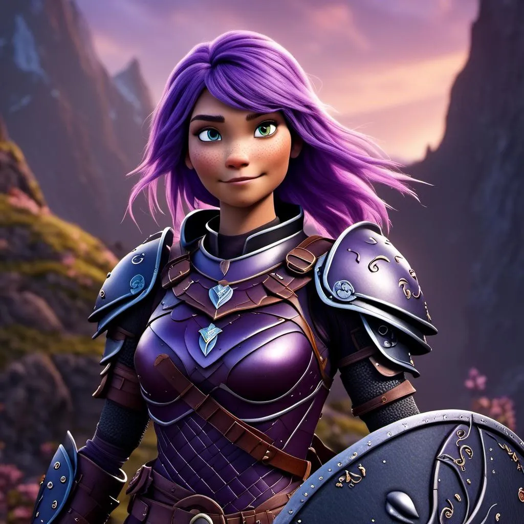 Prompt: <mymodel>CGI Animation of a viking female, purple hair, purple and black gear and armor, intricate details, high quality, digital painting, cool tones, dramatic lighting