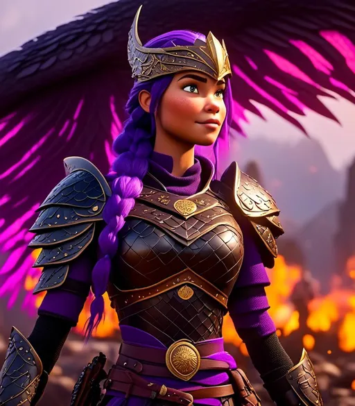 Prompt: <mymodel>CGI Animation, digital art, 20-year-old-old viking woman with light blue eyes and purple hair, intensely looking over battle orders with her troops, black dragon scale helmet covering face, armory lit with torches, black clothes, black dragon scaled colored armor, purple hair, single braid down her shoulder with a gold tiara, subtle smile, unreal engine 8k octane, 3d lighting, close up camera shot on the face, full armor