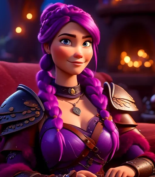 Prompt: <mymodel>CGI Animation, digital art, 20-year-old-old viking woman with light blue eyes, lying down on the couch in the living room, purple hair with purple strands, single braid down her shoulder with a tiara, subtle smile, unreal engine 8k octane, 3d lighting, close up camera shot on the face, full armor