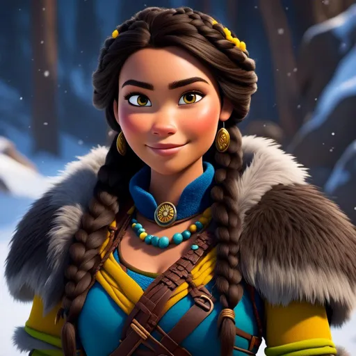 Prompt: <mymodel>CGI Animation, close-up portrait of the face, 20-year-old-old pirate viking woman sitting on a snow bank, a snowy scene, {{yellow gear, blue armor}}, black hair, braided beads pulled back for straight hair, subtle smile, beads hair, small red earrings, multiple braids, yellow gear, straight hair, green eyes, bracelets, rings on fingers, mercenary gear, unreal engine 8k octane, 3d lighting, close up camera shot on the face, full armor