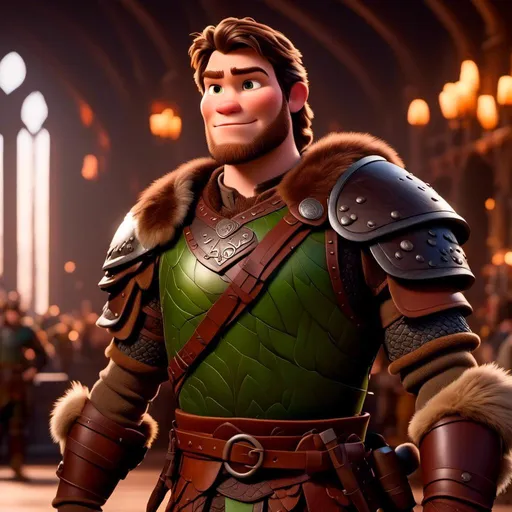 Prompt: <mymodel> viking man, lawyer, thin, small stature, standing in The Great Hall, medium length brown hair, evil look, evil smile, brown eyes, no armor, European-like brown gear, brown leather vest, long sleeve green shirt underneath the brown leather vest, black highlights on his clothes, brown pants, brown boots, historical, strong and natural lighting