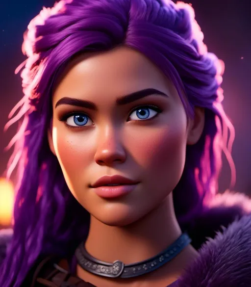 Prompt: <mymodel>CGI Animation, digital art, 20-year-old-old viking woman with light blue eyes, she looks very angry, standing in a battle arena at night, purple hair with purple strands, single braid down her shoulder with a tiara, unreal engine 8k octane, 3d lighting, close up camera shot on the face, full armor