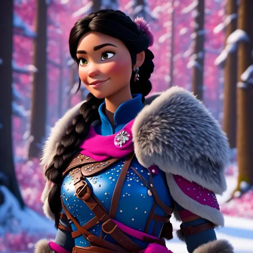 Prompt: <mymodel>CGI Animation, close-up portrait of the face, 20-year-old-old viking woman of royalty standing in the forest, a snowy scene, {{pink gear, blue armor}}, black hair, beads in hair pulled back for straight hair, subtle smile, unreal engine 8k octane, 3d lighting, close up camera shot on the face, full armor