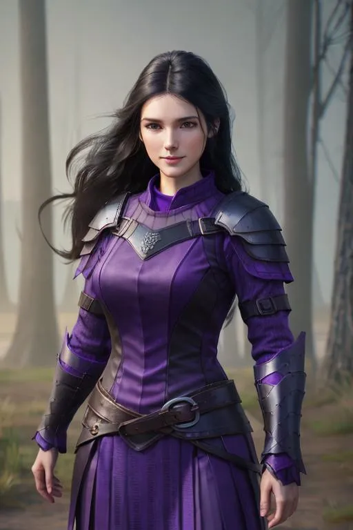 Prompt: Digital Art, 25-year-old viking woman, purple gear, purple clothes, subtle smile, black straight hair, dark purple eyes, a dark purple long-sleeve shirt, textured skirt down to knees, dark purple pants, dark purple armor, long black hair with volume, middle part in hair, leather boots, dark purple gear, unreal engine 64k octane, hdr, 3d lighting, full body, full armor