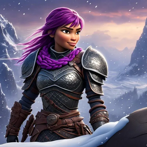 Prompt: <mymodel>animated CGI style, caucasian white, purple hair, viking female warrior, detailed braided hair and battle scars, rugged and weathered armor, intense and determined gaze, snowy and rugged landscape, fierce, warrior, detailed hair, battle scars, snowy landscape, intense gaze, weathered armor, dramatic lighting