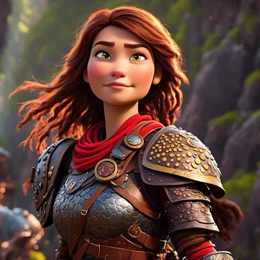 Prompt: <mymodel>CGI Animation of a viking female, brown hair, hazel eyes, bright red gear and armor, yellow highlights and textures, intricate details, high quality, digital painting, cool tones, dramatic lighting