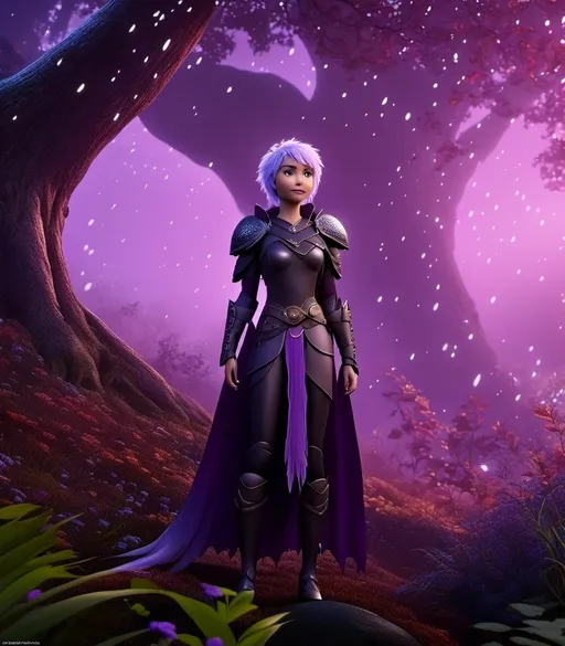 Prompt: <mymodel>CGI Animation, digital art, 20-year-old-old white viking woman with light blue eyes, it is raining, she is of royalty standing at night next to a tree with her hands resting on the bark, she is in a dimly lit thick forest with trees everywhere, dense fog, {{black gear, purple armor}}, purple hair, single braid down her shoulder with a tiara, subtle smile, unreal engine 8k octane, 3d lighting, close up camera shot on the face, full armor