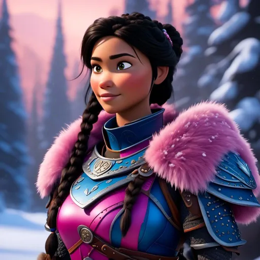 Prompt: <mymodel>CGI Animation, close-up portrait of the face, 20-year-old-old viking woman of royalty standing in the forest, a snowy scene, {{pink gear, blue armor}}, black hair, beads in hair pulled back for straight hair, subtle smile, unreal engine 8k octane, 3d lighting, close up camera shot on the face, full armor