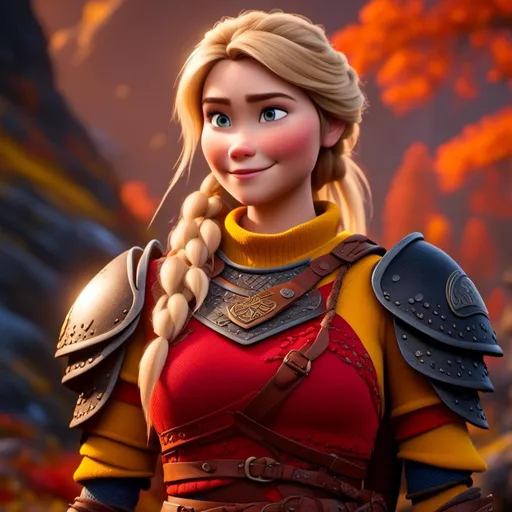 Prompt: <mymodel>CGi Animation, 20-year-old viking woman with one hair braid, subtle smile, blonde hair, blue eyes, blue gear, yellow armor, red clothes, yellow textures and highlights, unreal engine 8k octane, 3d lighting, full body, full armor