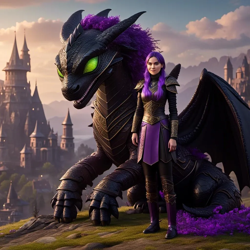 Prompt: Photo of <mymodel> standing next to her ((black)) razorwhip dragon from "How to Train Your Dragon"