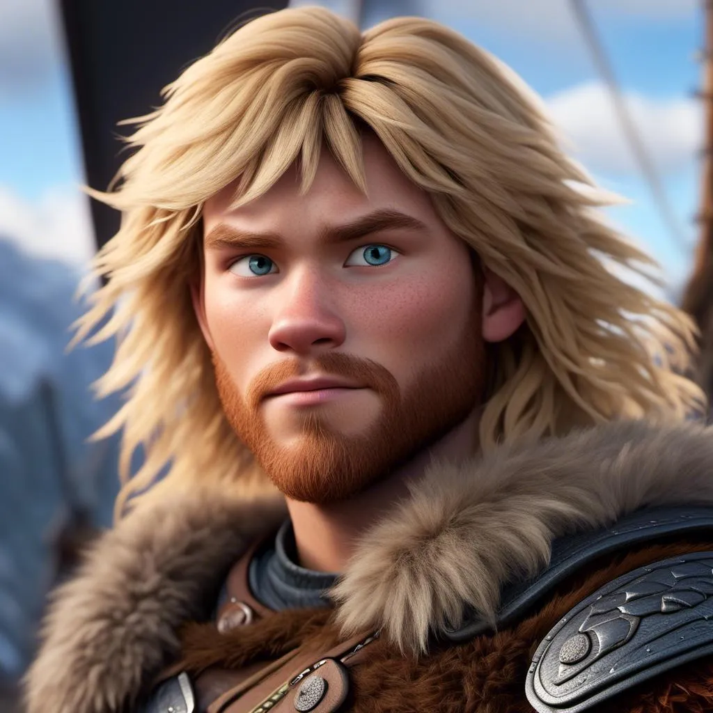 Prompt: <mymodel>Animated CGI style of a fierce Caucasian Viking with blonde hair, intense gaze, realistic fur and clothing textures, high quality, CGI, realistic, intense gaze, viking, male, Caucasian, detailed facial features, fur textures, highres, professional, intense lighting