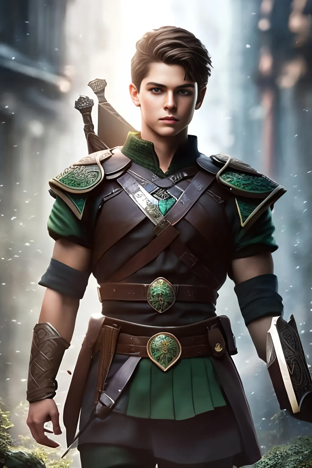 Prompt: he has short brown hair, create most handsome fit fictional male prince viking warrior, short brown hair, light green eyes, extremely detailed environment, detailed background, intricate, detailed skin, professionally color graded, photorealism, 16k, moody lighting