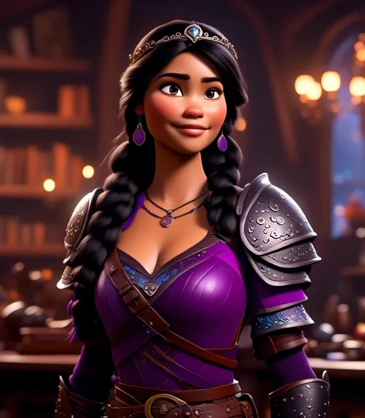 Prompt: <mymodel>CGI Animation, digital art, 20-year-old-old viking woman with light blue eyes, she is standing in her library, she is of royalty, {{black gear, purple armor}}, black hair with purple strands, single braid down her shoulder with a tiara, subtle smile, unreal engine 8k octane, 3d lighting, close up camera shot on the face, full armor