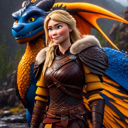 Prompt: <mymodel>CGi Animation, 20-year-old viking woman with blue eyes, a rainy scene, she is standing next to a bright blue dragon with gold highlights, they are both in the rain, the viking woman has a subtle smile, blonde hair, she has blue gear, gold armor, black pants, black boots, unreal engine 8k octane, 3d lighting, full body, full armor