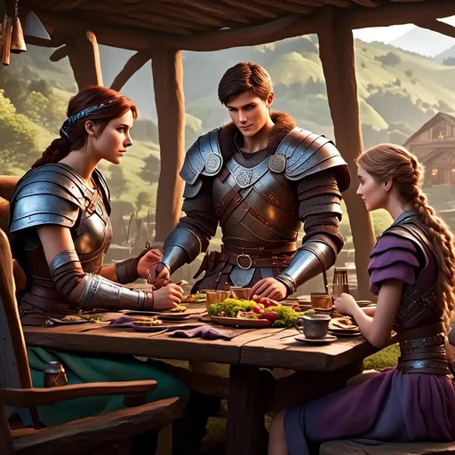 Prompt: Photo of <mymodel> sitting at the supper table in their viking hut, Annabeth eyes are open to see her light blue eyes, {{{{Annabeth has purple hair with a single hair braid down her shoulder, she has gold armor and black gear}}}}, Annabeth is slightly shorter and they are both in their early 30s