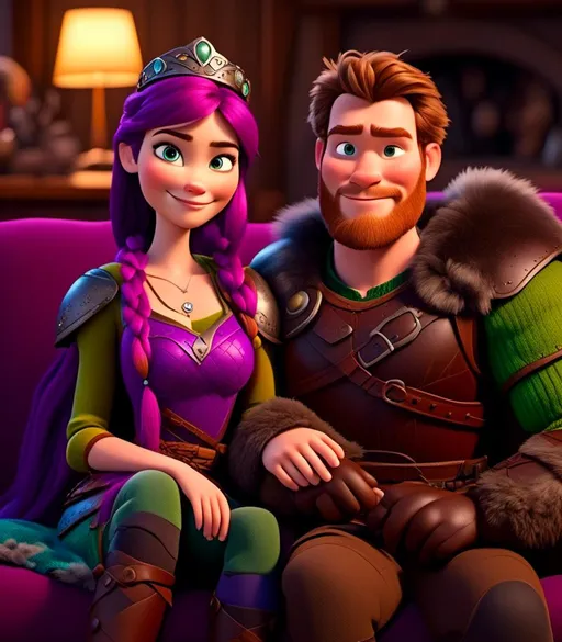 Prompt: <mymodel>CGI Animation, digital art, 20-year-old-old viking woman with light blue eyes, sitting on the couch in the living room next to her husband with brown hair and green gear, purple hair with purple strands, single braid down her shoulder with a tiara, subtle smile, unreal engine 8k octane, 3d lighting, close up camera shot on the face, full armor