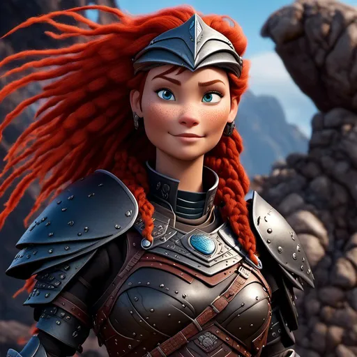 Prompt: <mymodel>CGI Animation of a viking woman of 40 years old, red hair with dreadlocks, blue eyes, all black gear and armor, leather highlights and textures, dragon scale textures and armor, intricate details, high quality, digital painting, cool tones, dramatic lighting