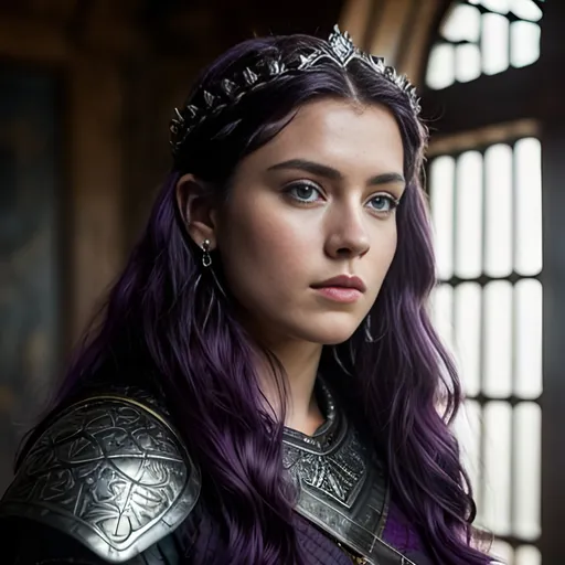 Prompt: create most beautiful fictional female viking princess, (((dark purple hair))), commanding her citizens, extremely detailed environment, detailed background, intricate, detailed skin, professionally color graded, photorealism, 8k, moody lighting