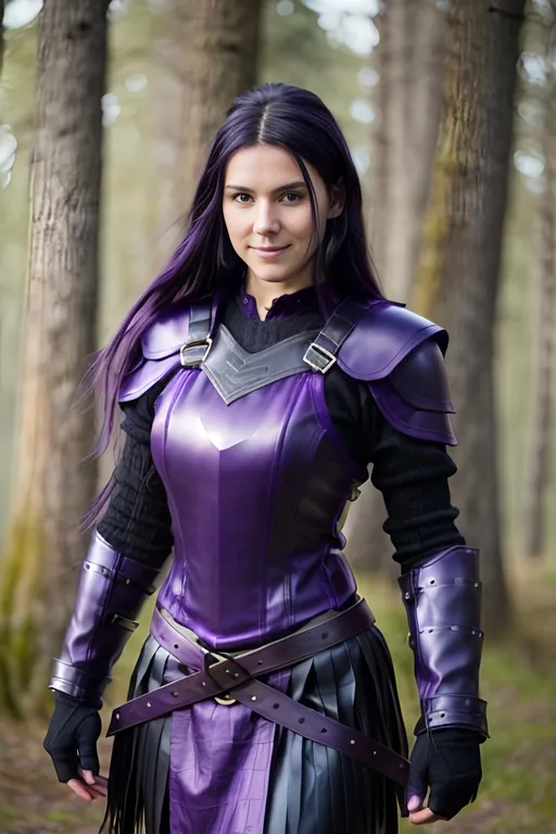 Prompt: Digital Art, 25-year-old viking woman, purple gear, purple clothes, subtle smile, black straight hair, dark purple eyes, a dark purple long-sleeve shirt, textured skirt down to knees, dark purple pants, dark purple armor, long black hair with volume, middle part in hair, leather boots, dark purple gear, unreal engine 64k octane, hdr, 3d lighting, full body, full armor