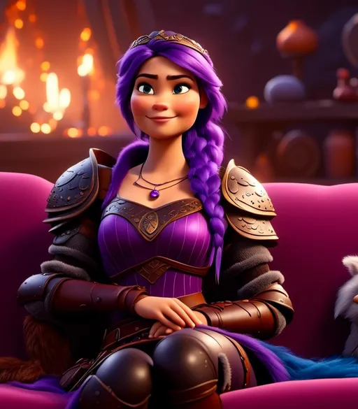 Prompt: <mymodel>CGI Animation, digital art, 20-year-old-old viking woman with light blue eyes, lying down on the couch in the living room, purple hair with purple strands, single braid down her shoulder with a tiara, subtle smile, unreal engine 8k octane, 3d lighting, close up camera shot on the face, full armor