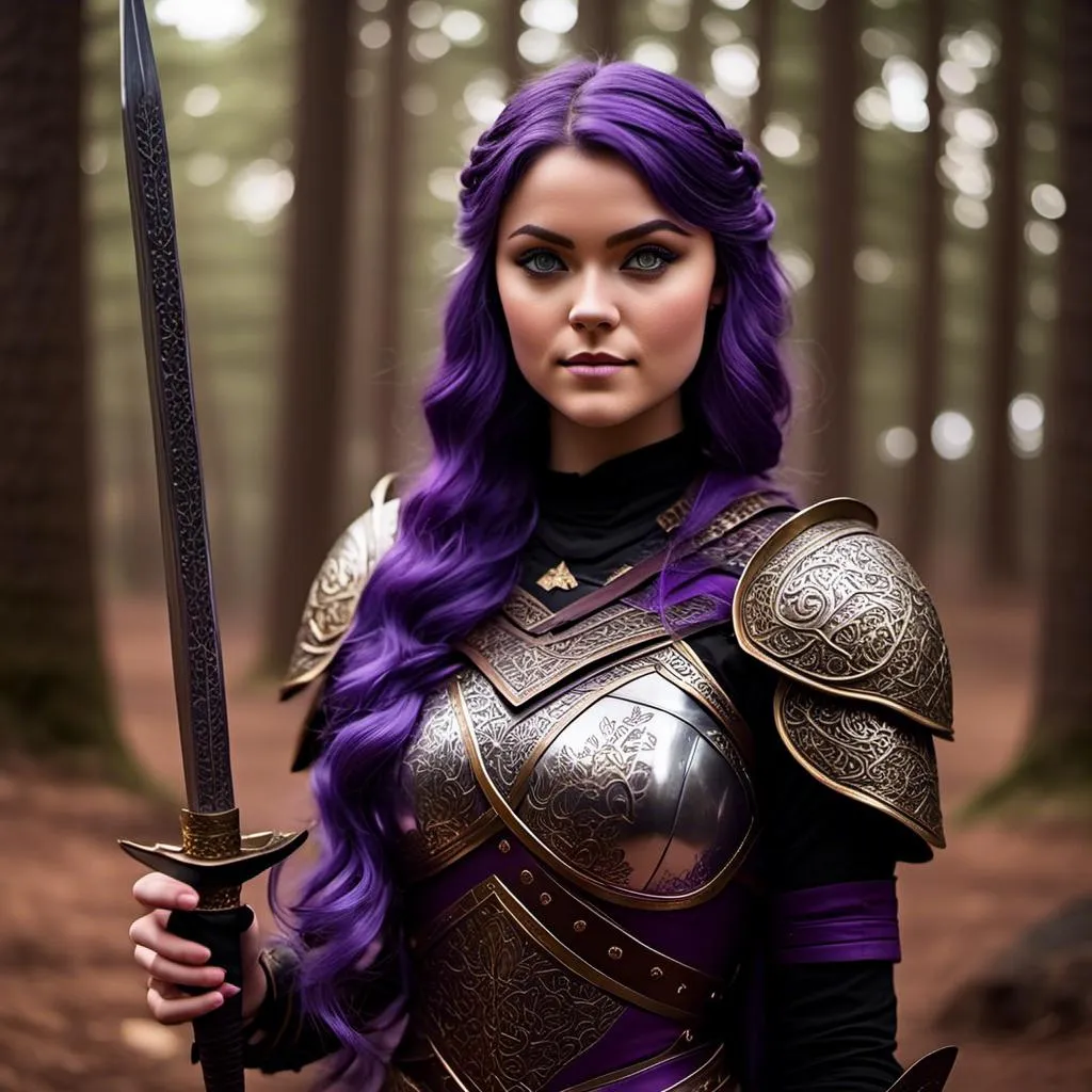 Prompt: A photo of <mymodel> standing in a forest with her sword drawn ready for a fight