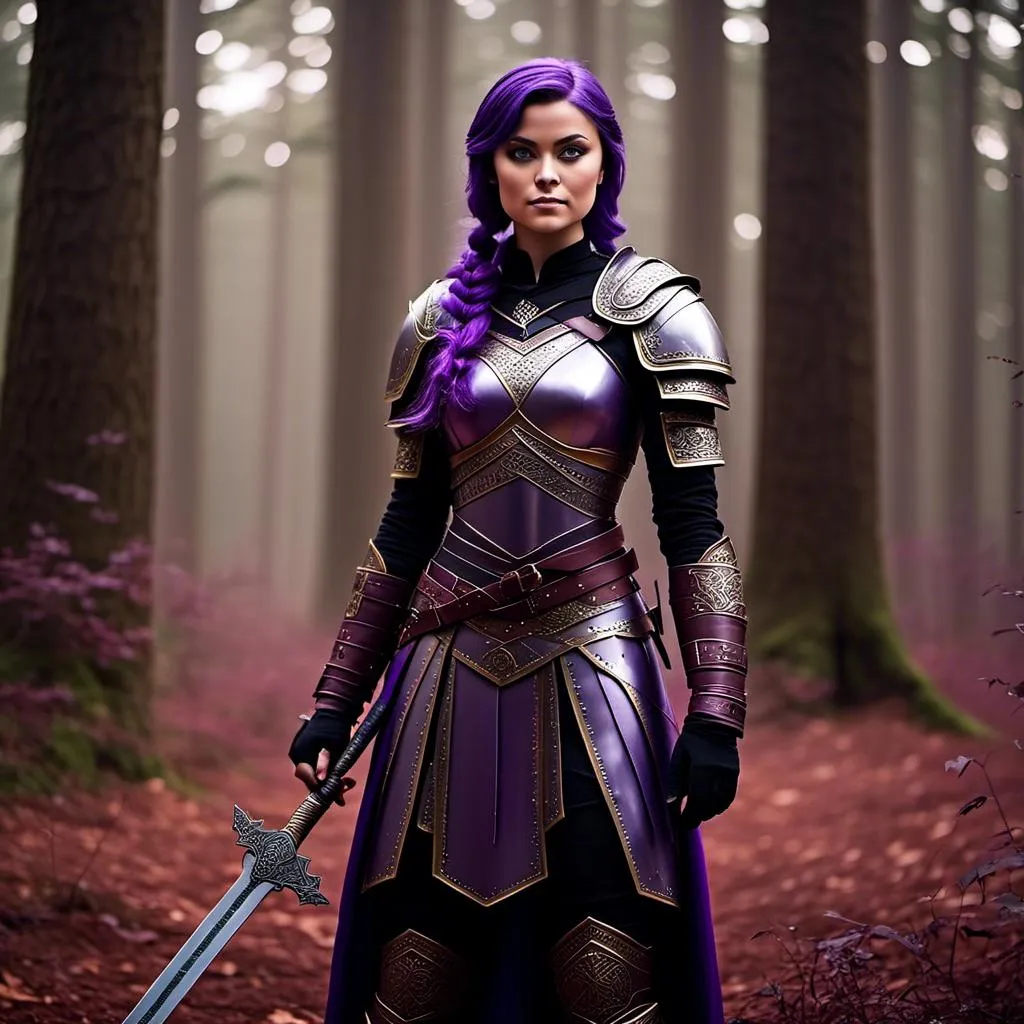 Prompt: A photo of <mymodel> standing in a forest with her sword drawn ready for a fight